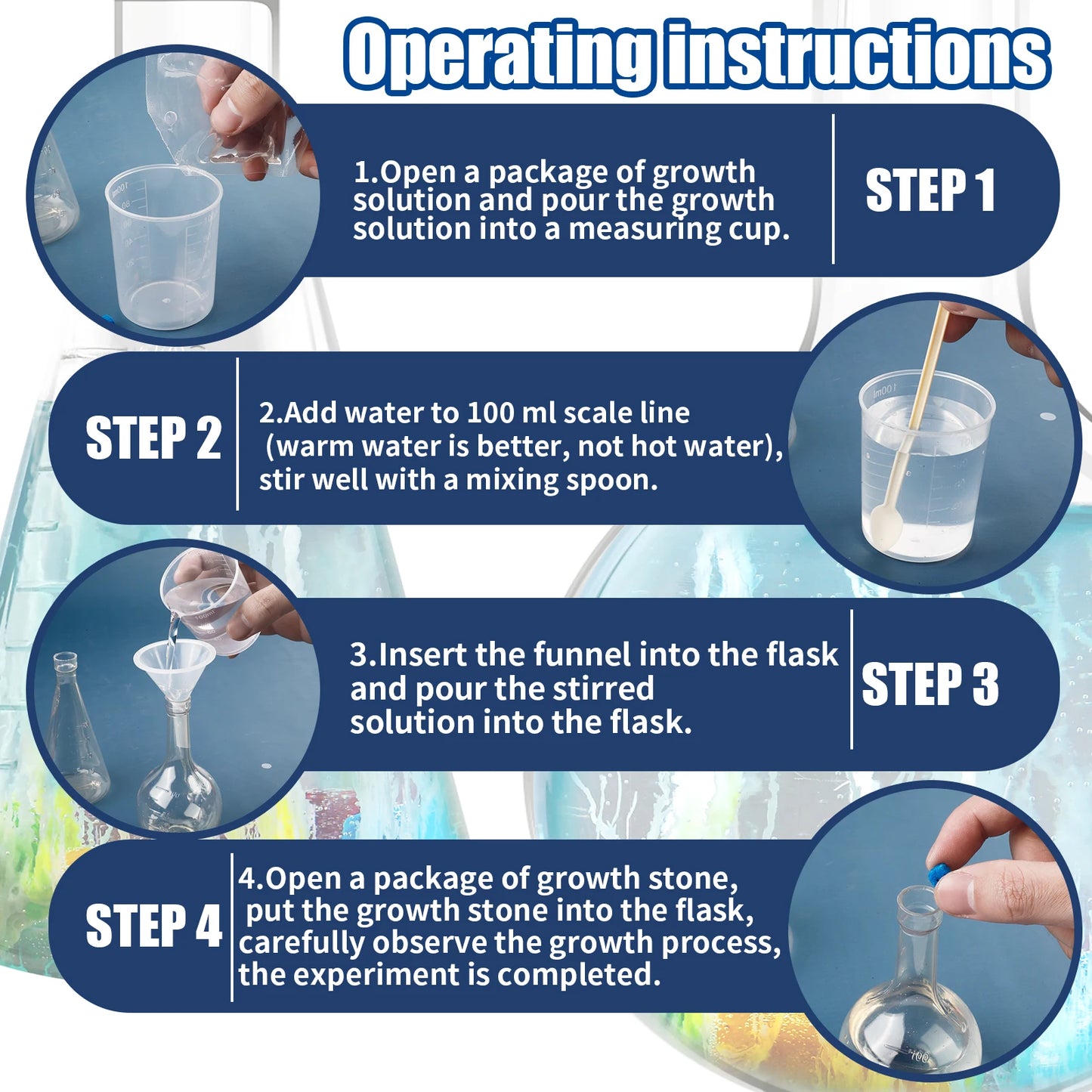 Operating instructions for a scientific experiment involving growth solution and stone.