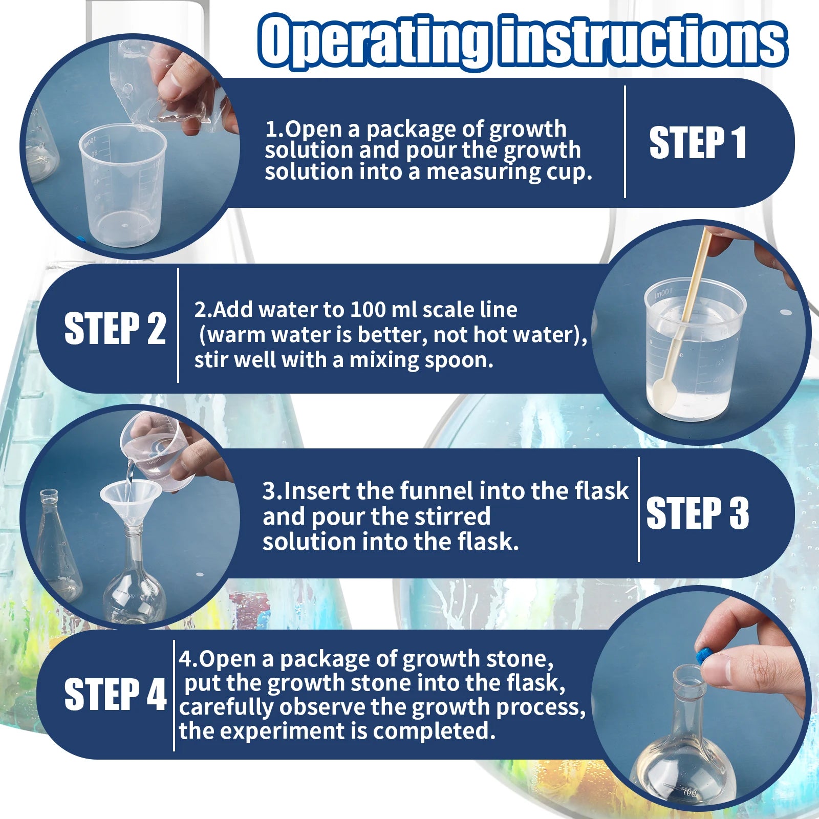 Operating instructions for a scientific experiment involving growth solution and stone.