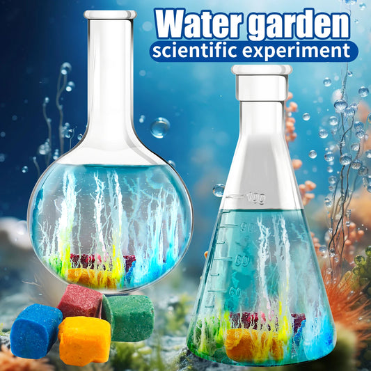 Scientific experiment setup with beakers and colorful cubes on a blue underwater-themed background.