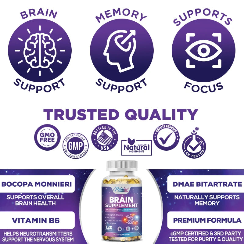 DMAE Bacopa Nootropic Brain Booster Phosphatidylserine Supplement | Master Memory-Focus-Clarity-Energy IQ Mental Power Supplements