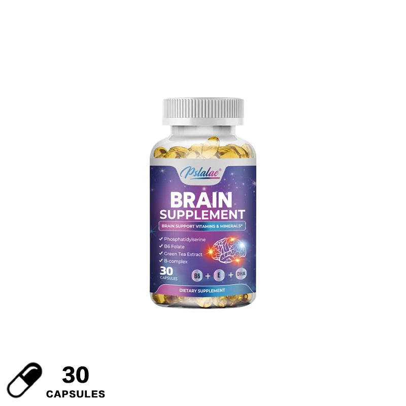 Brain supplement bottle with capsules on a white background