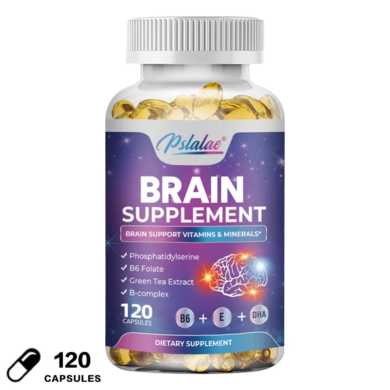 Brain supplement bottle with purple label on a white background