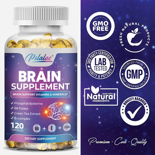Nootropic Brain supplement bottle with labels indicating quality and certification on a blue background