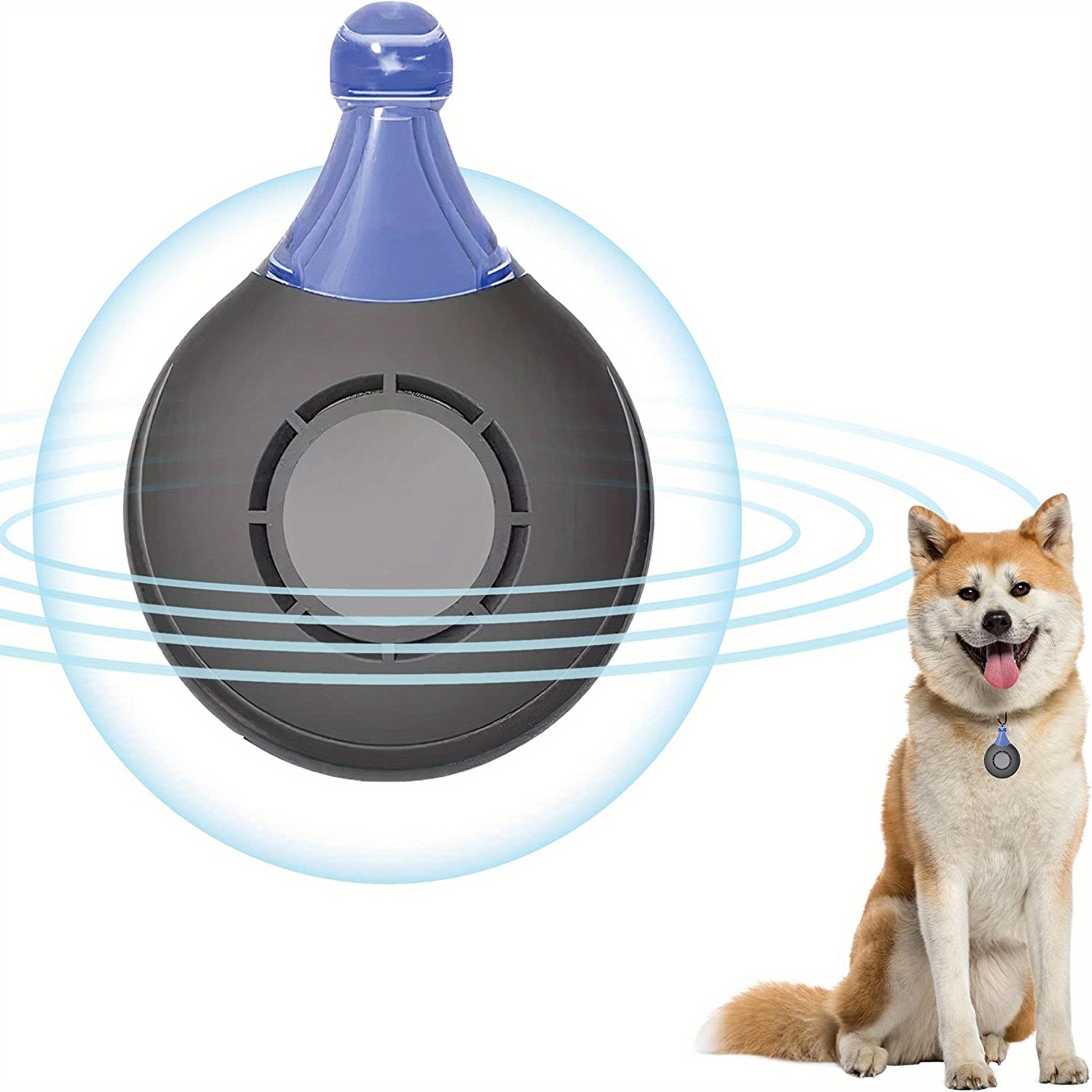Dog training tick collar device with a dog sitting next to it on a white background