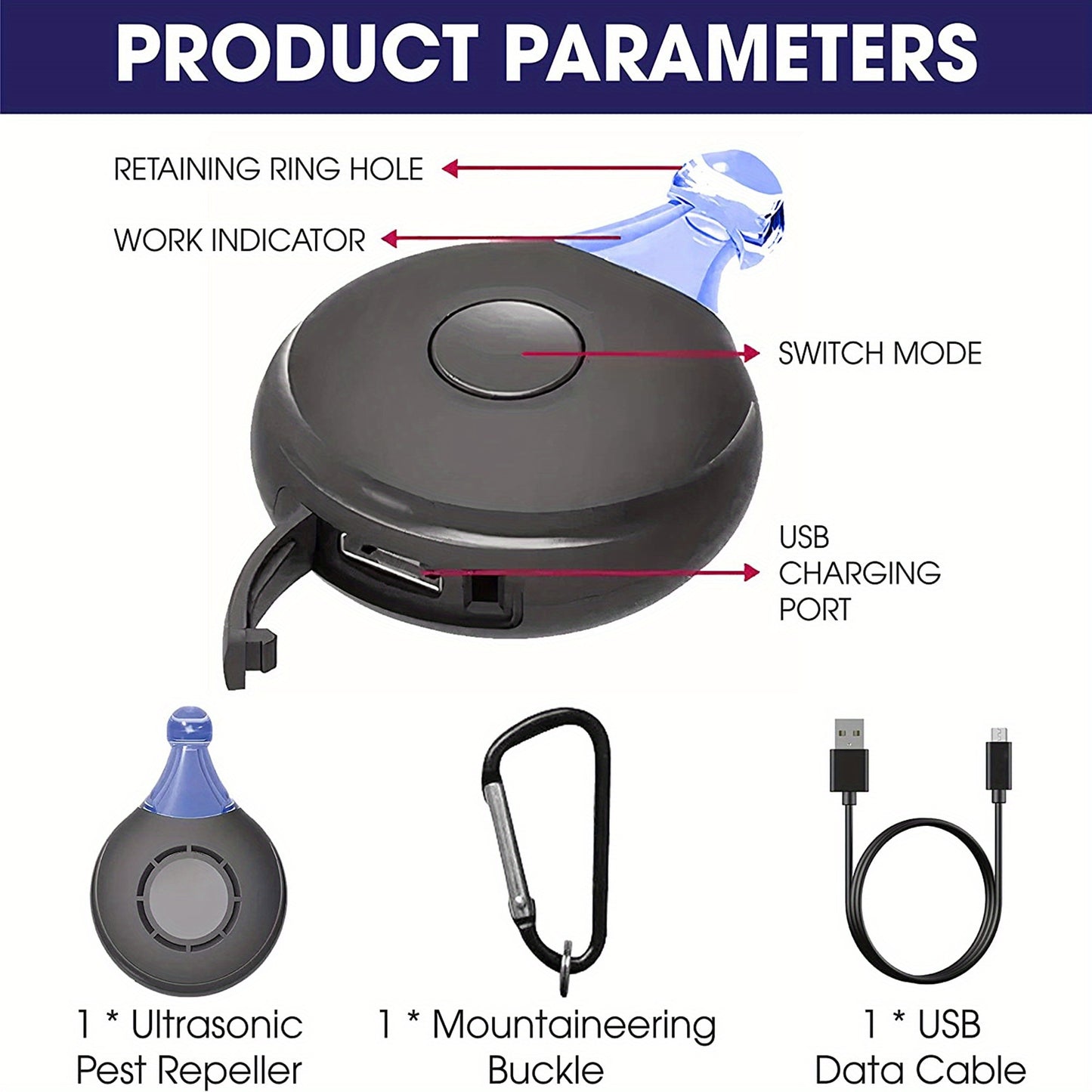 Ultrasonic tick pest repeller with labeled parts and accessories on a white background