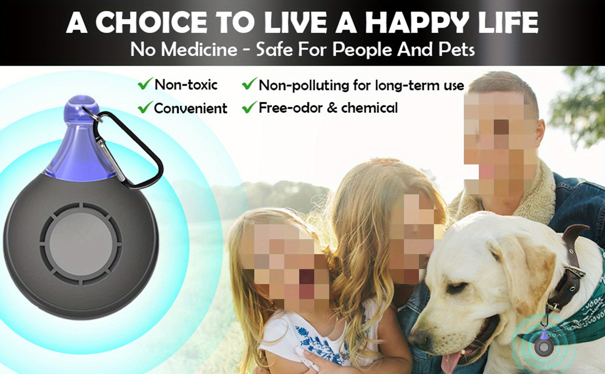 Pet collar product advertisement with a family and dog, highlighting features like non-toxic and safe for people and pets.