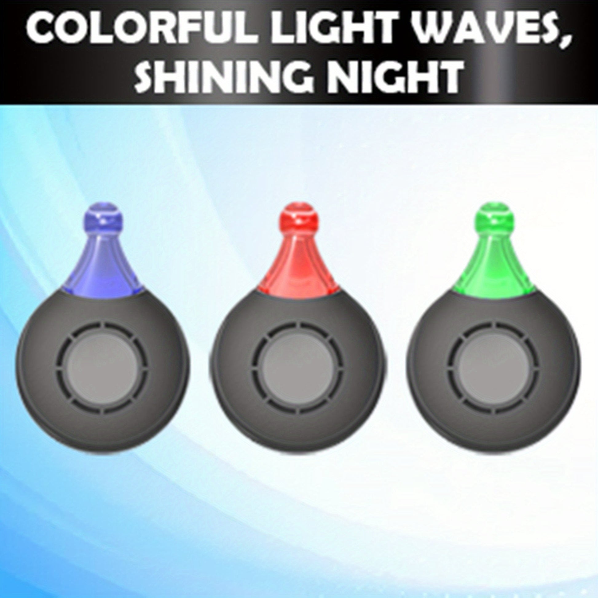Three colorful light-emitting devices with blue, red, and green tops on a gradient background.