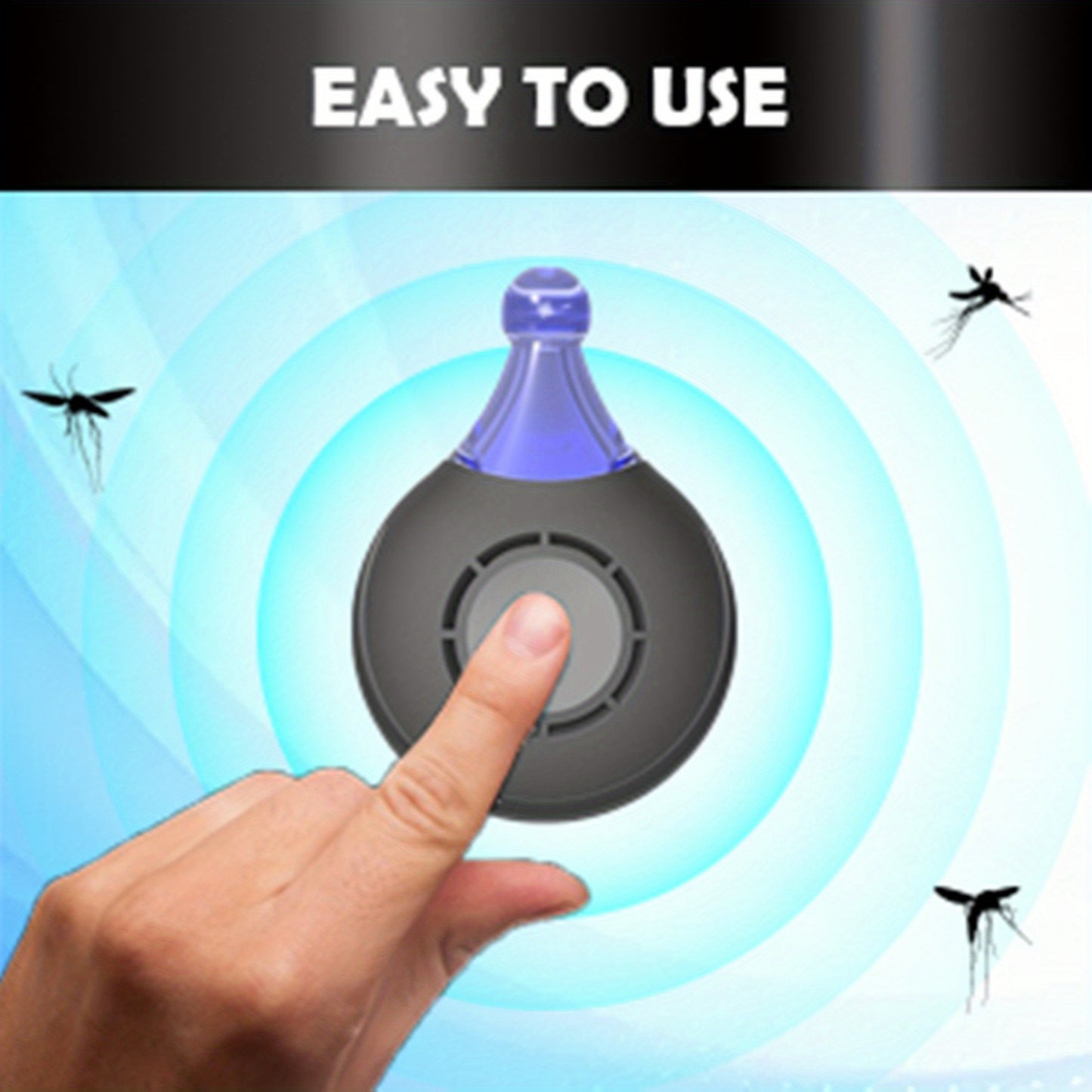 Hand pressing a button on pet collar device with mosquitoes around, labeled 'Easy to Use'.