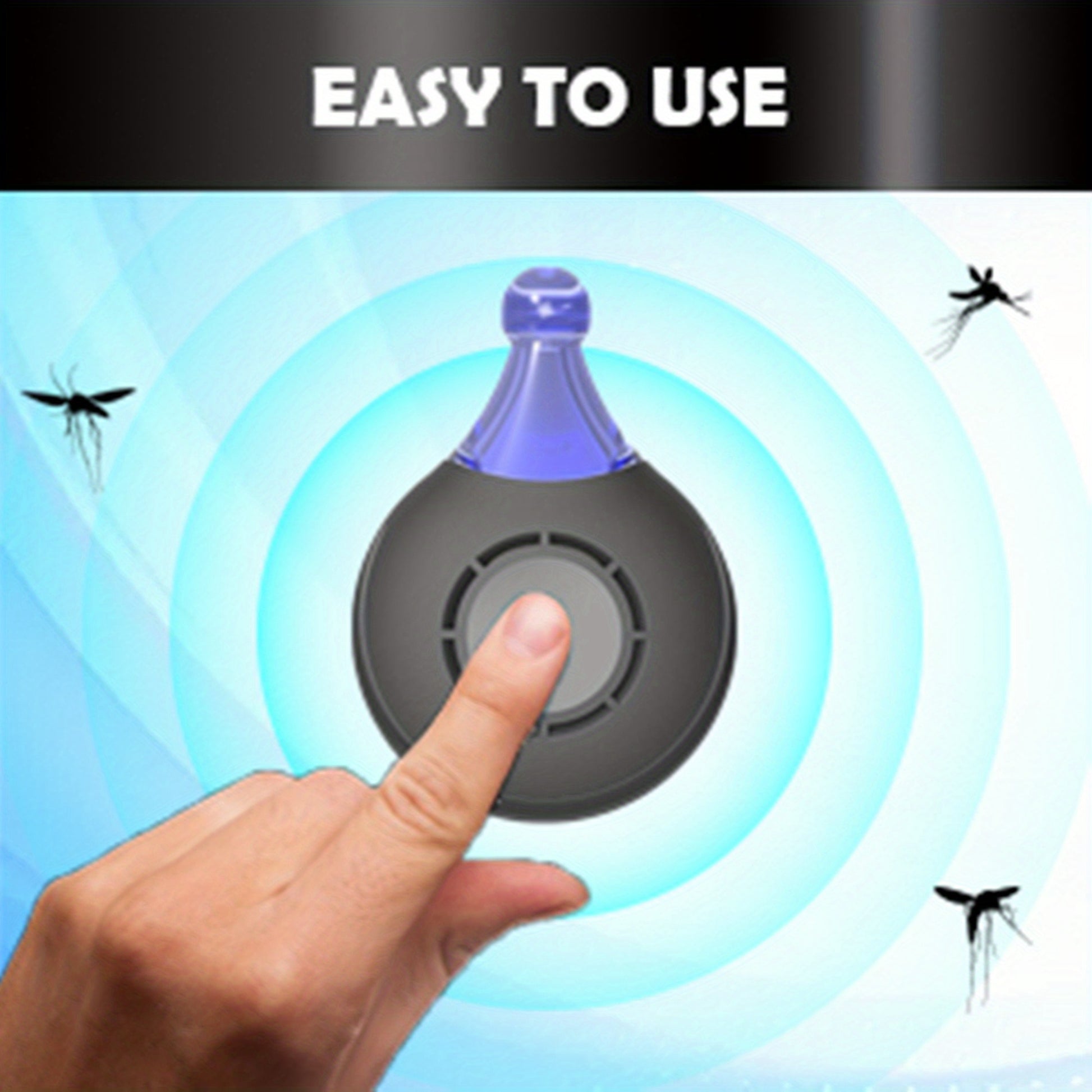 Hand pressing a button on pet collar device with mosquitoes around, labeled 'Easy to Use'.