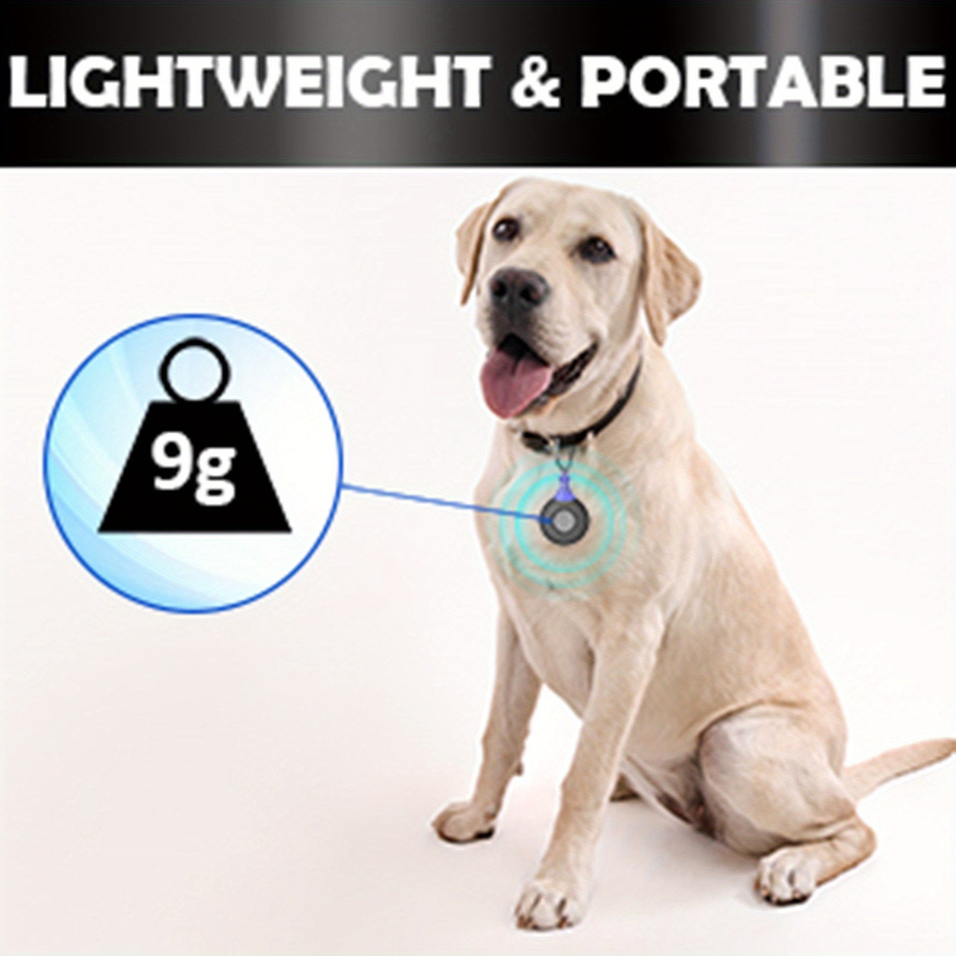 Dog wearing a collar with a small weight indicator showing 9g, labeled 'Lightweight & Portable'.