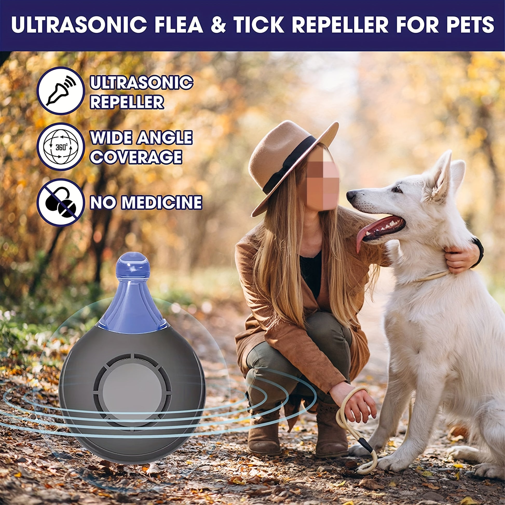 Woman with a dog outdoors, featuring an ultrasonic flea and tick repeller.