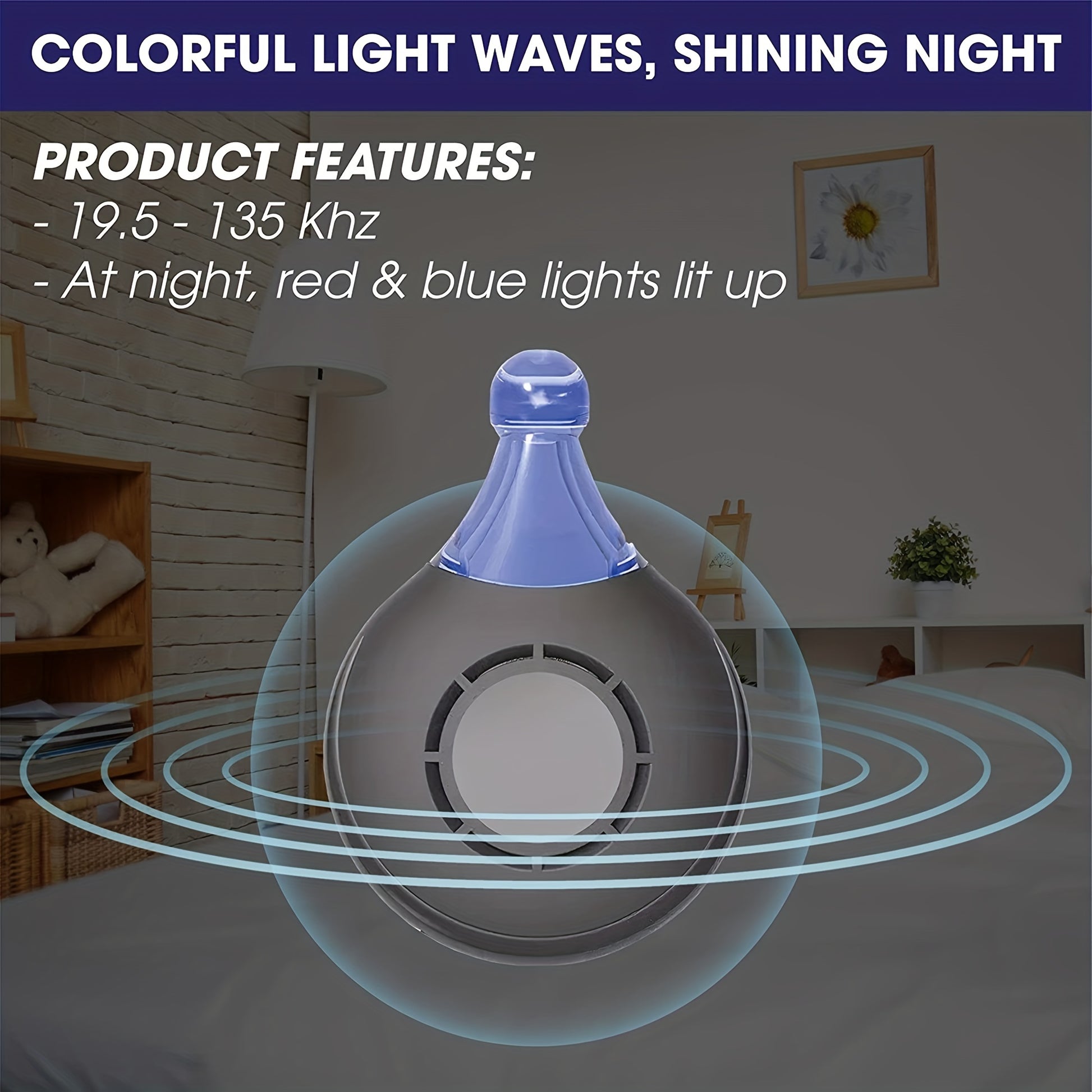 Product feature display with a blue light bulb and text about frequency range and light colors.