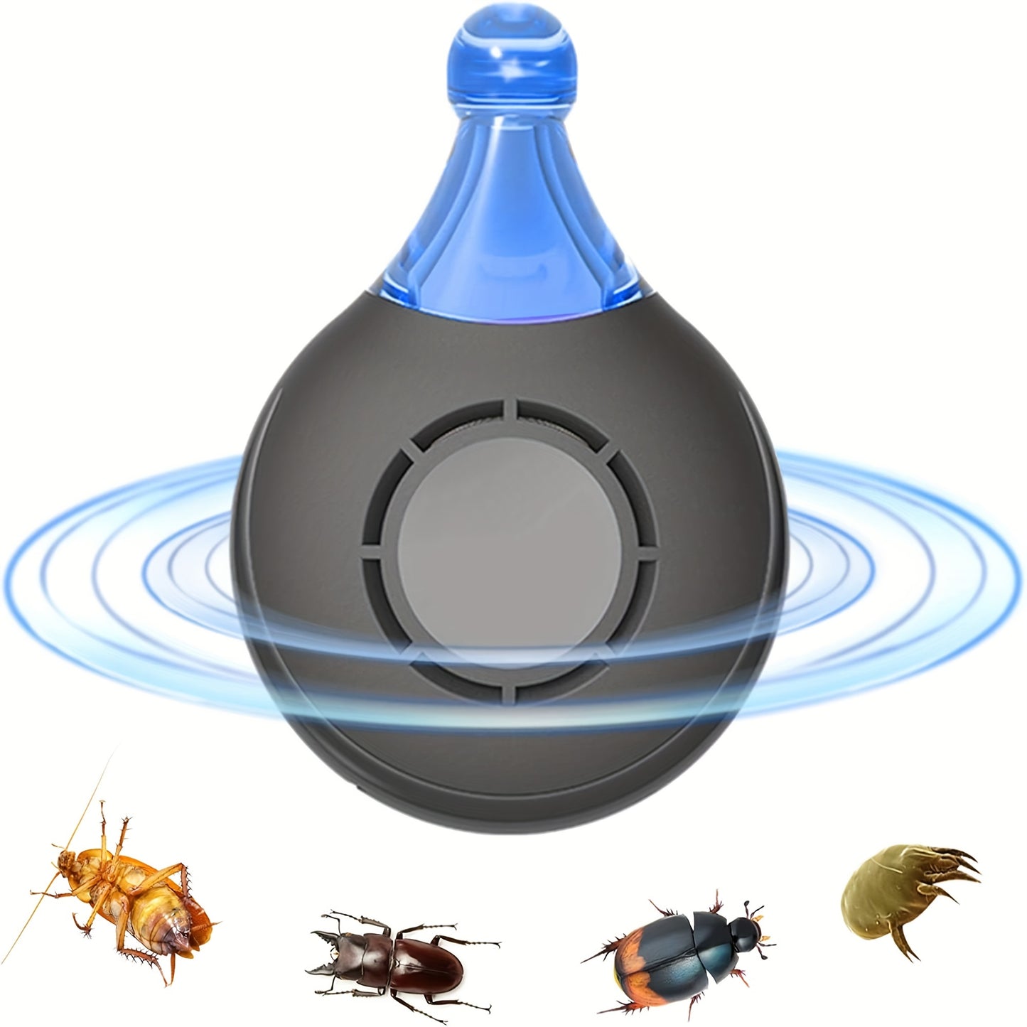 Insect repeller with blue light and illustrations of pests on a white background