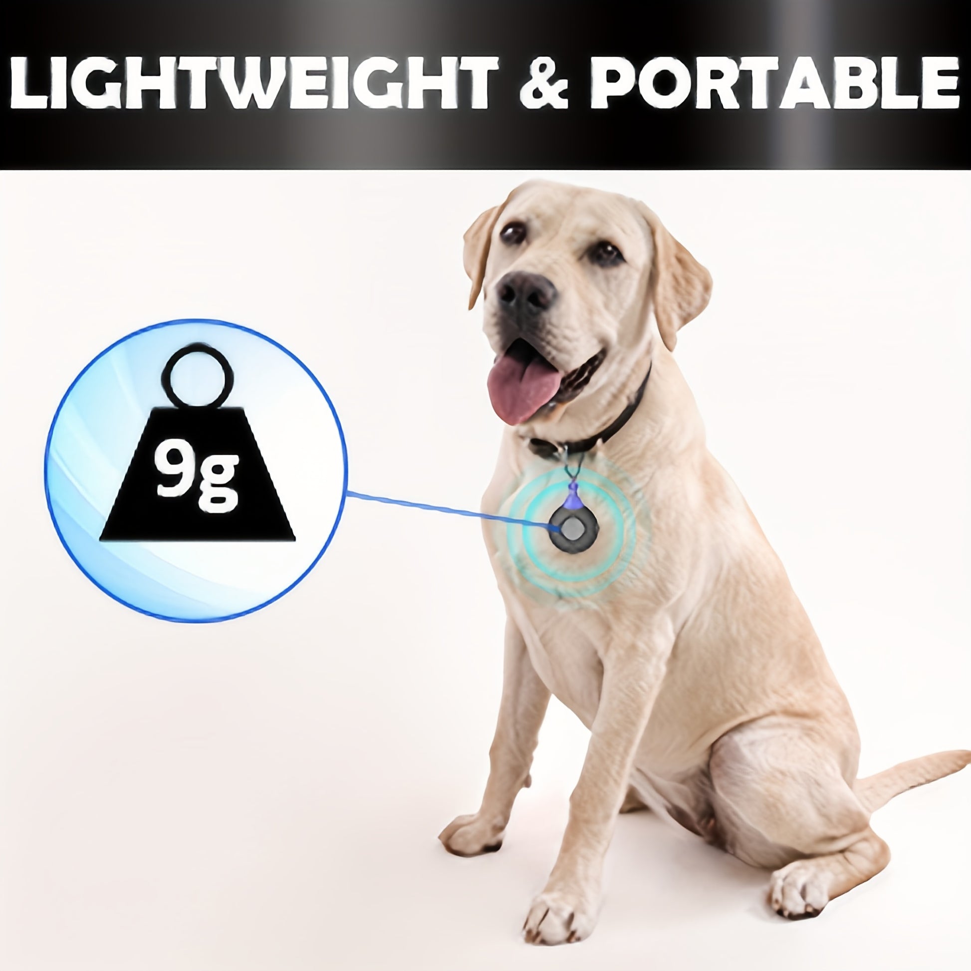 Dog wearing a small device with text 'Lightweight & Portable' and '9g' displayed.