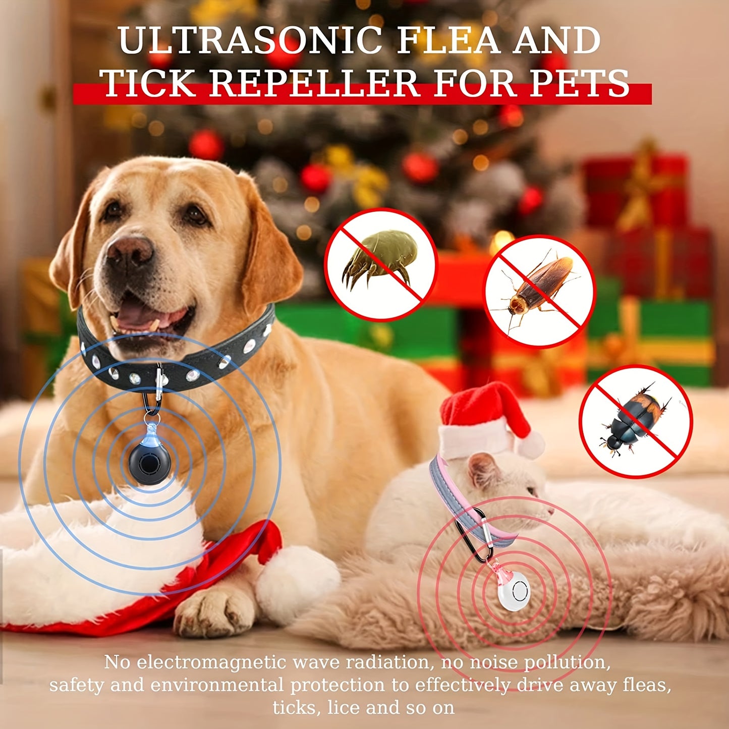 Dog wearing an ultrasonic flea and tick repeller with Christmas tree and presents in the background