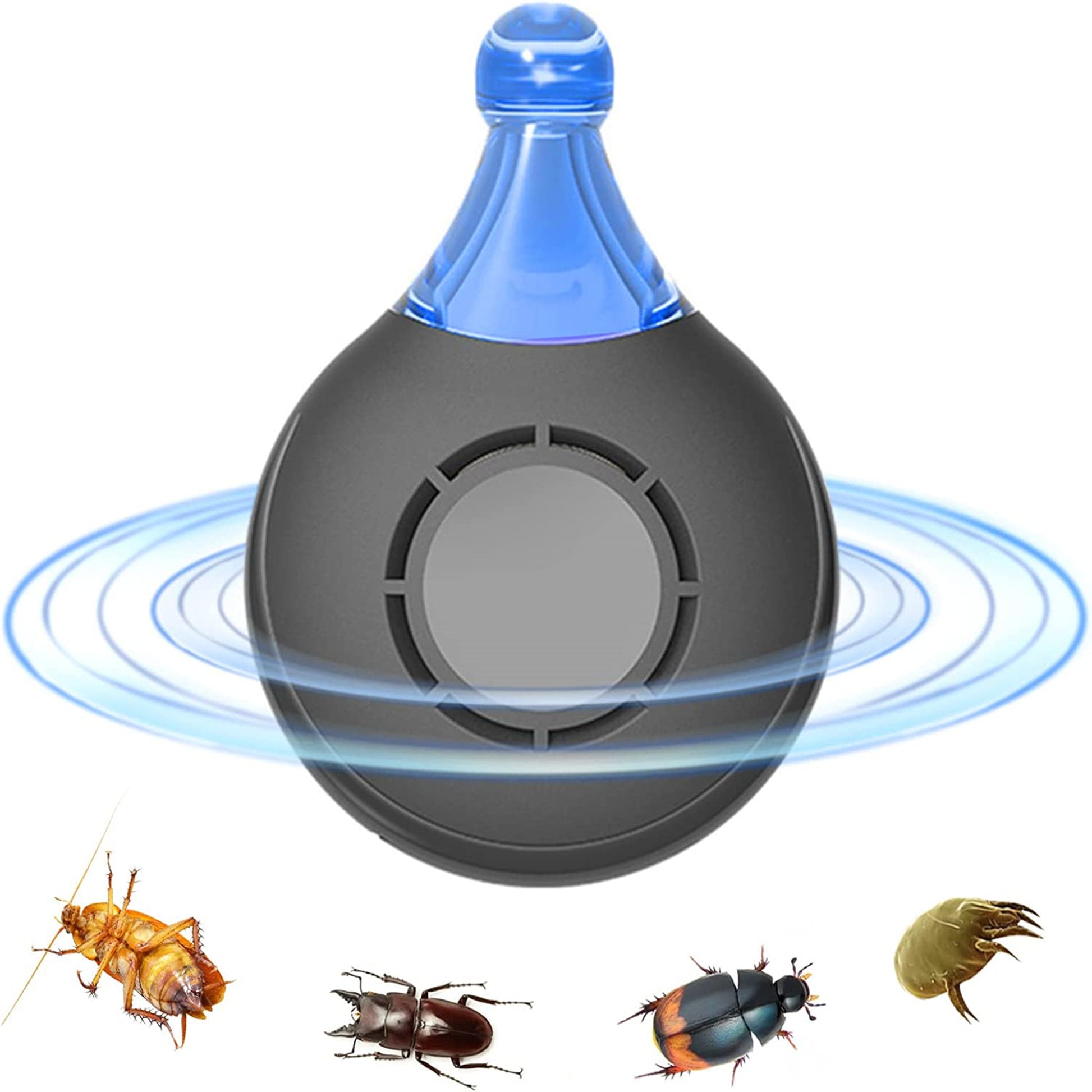 Insect and tick repellent pet collar with blue light and illustrations of pests on a white background