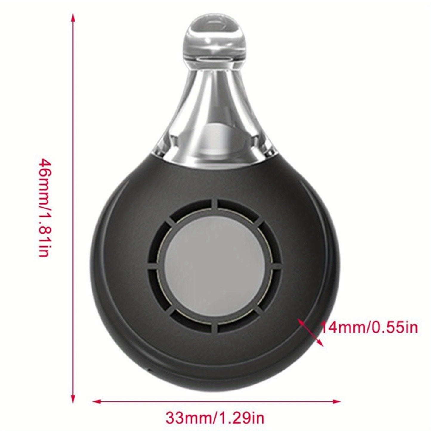 Black and silver pet collar device with measurements on a white background