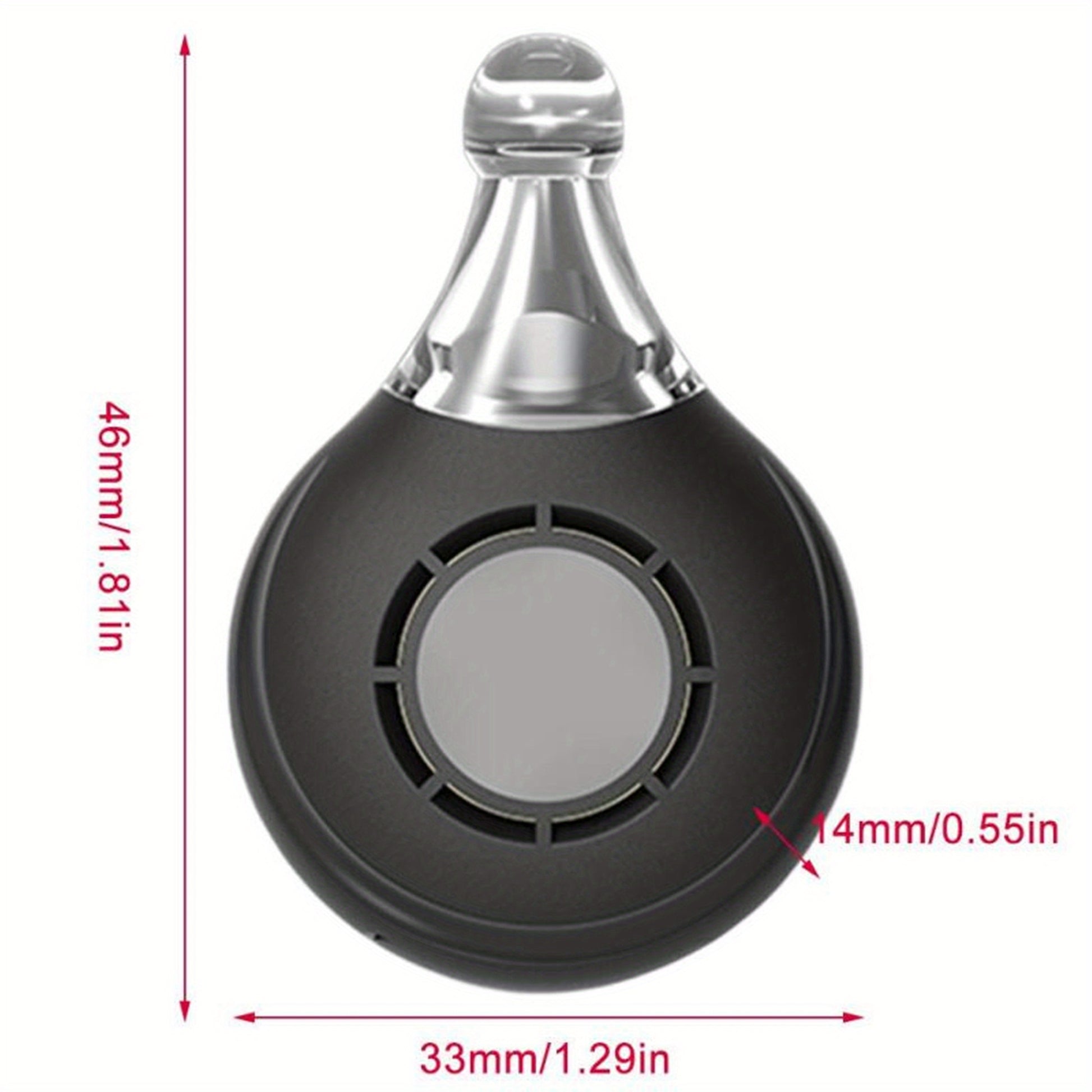 Black and silver pet collar device with measurements on a white background