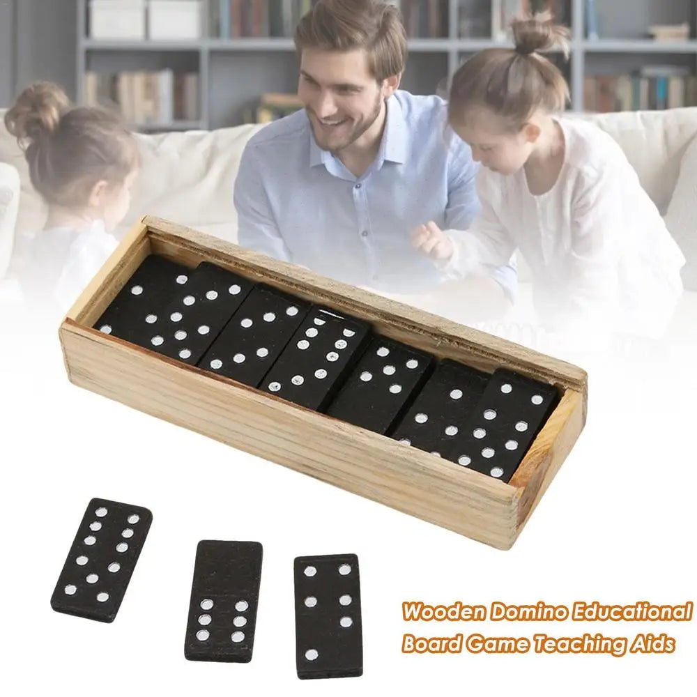 Wooden dominoes set with a family playing in the background, labeled as educational board game teaching aids.