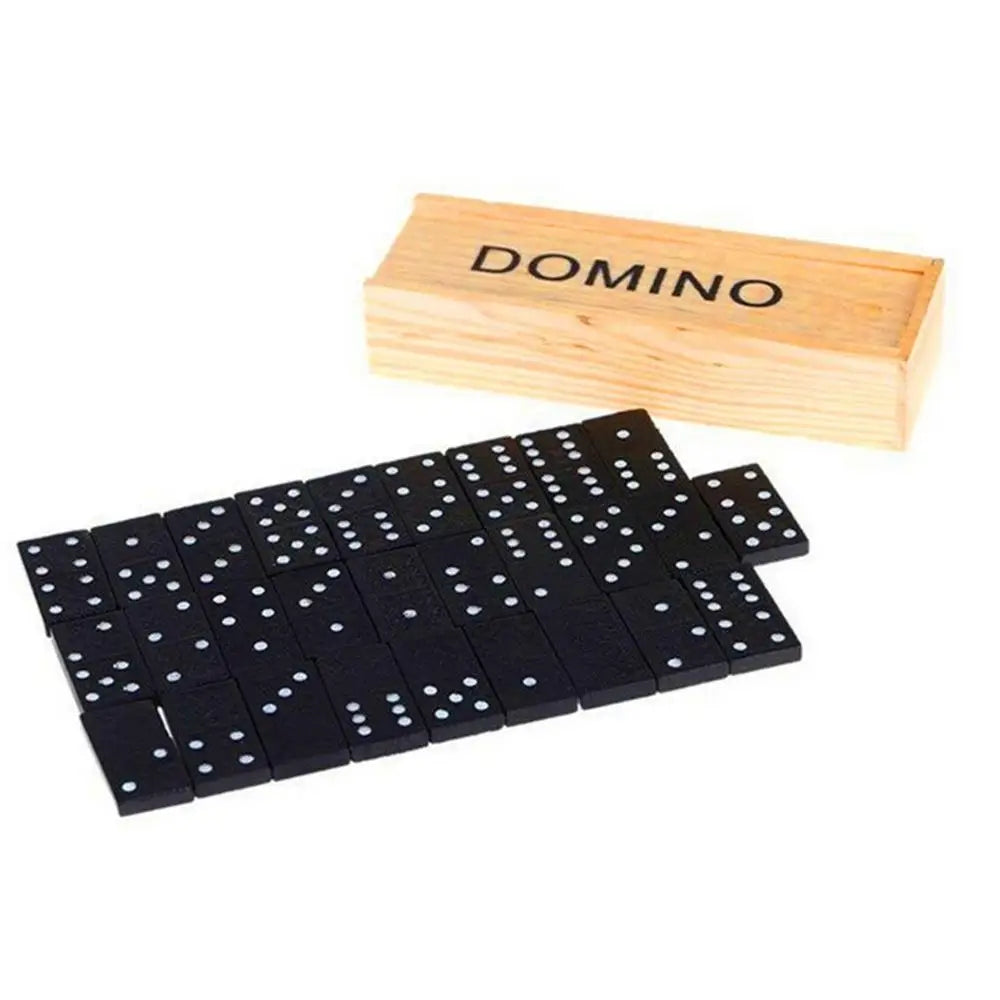 Set of dominoes with a wooden box labeled 'DOMINO' on a white background