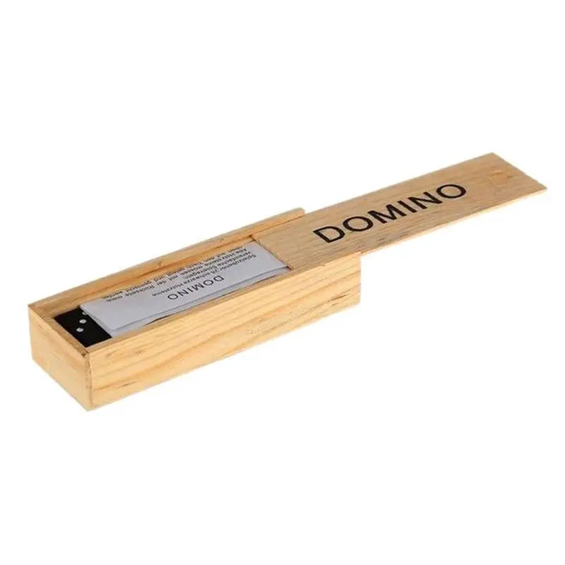 Wooden box with 'DOMINO' branding on a white background