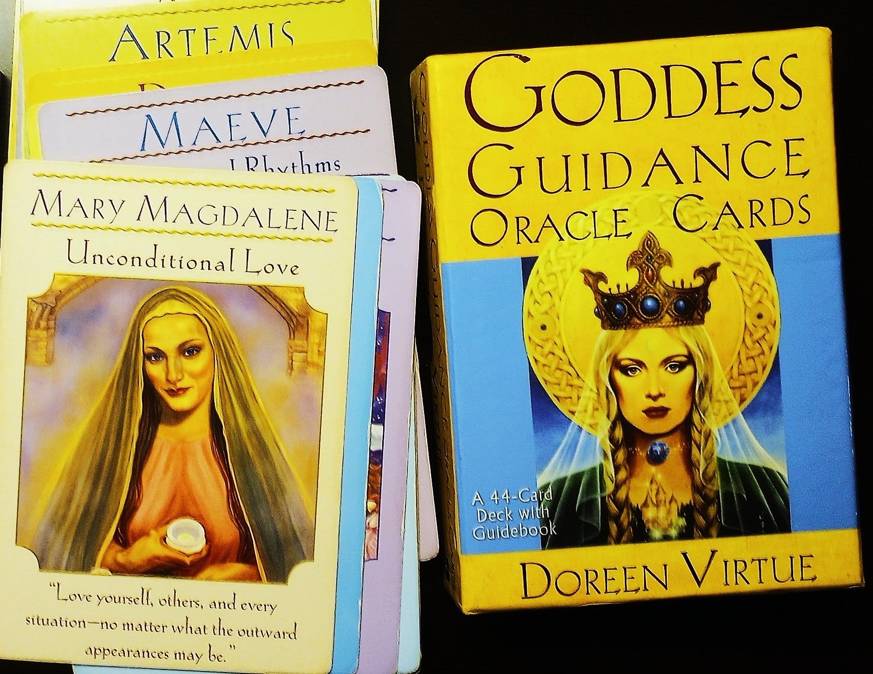 Goddess Guidance Oracle Cards by Doreen Virtue with colorful packaging