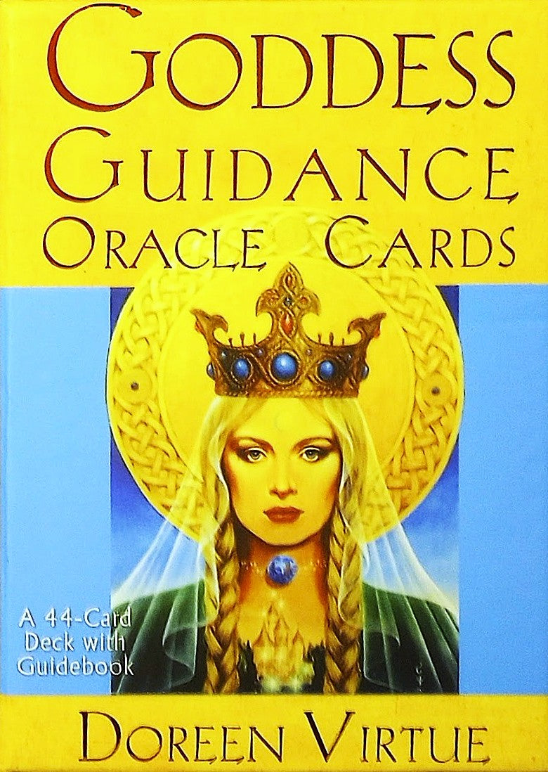 Box cover of book and Tarot/Oracle 44-card deck 'Goddess Guidance Oracle Cards' by Doreen Virtue with a woman in a crown and robe. Front outer case for cards and guidebook.
