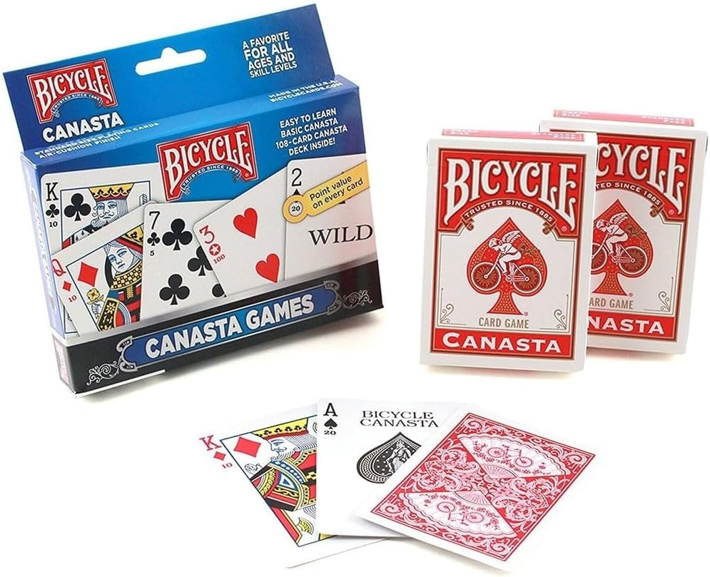 Bicycle Canasta Games Card Deck Two-Pack, featuring a display of the box, deck boxes and cards.