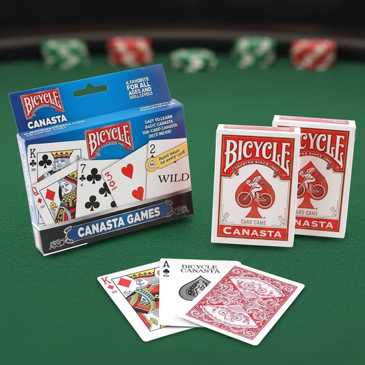 Bicycle Canasta playing cards with packaging on a green surface