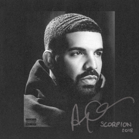 Cover of Drake's 'Scorpion' 2018 CD album, featuring Drake wearing a black hoodie on black background.
