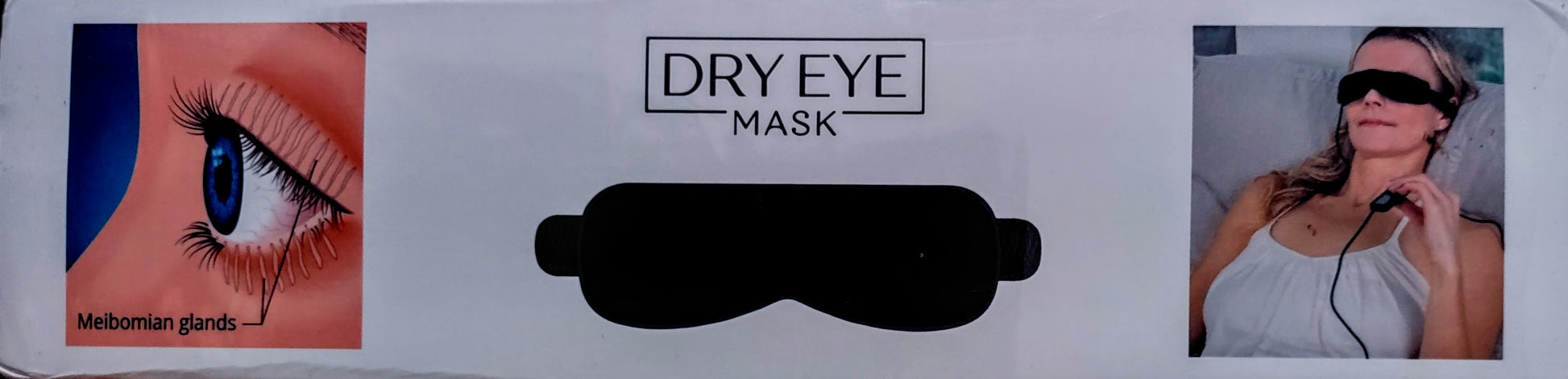 Dry eye mask packaging with images of an eye and a person wearing the mask.