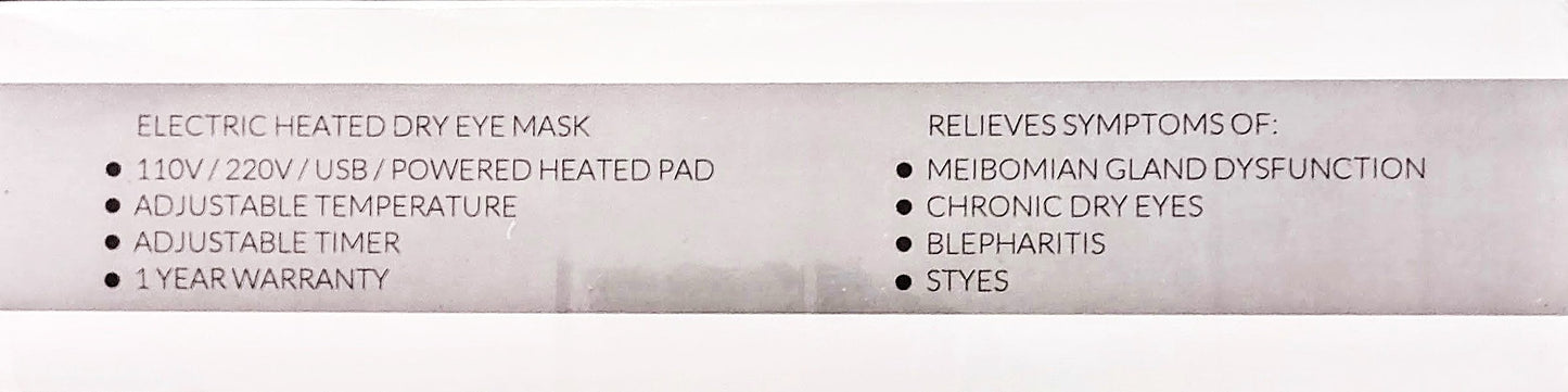 Electric heated dry eye mask packaging with specifications and benefits listed.