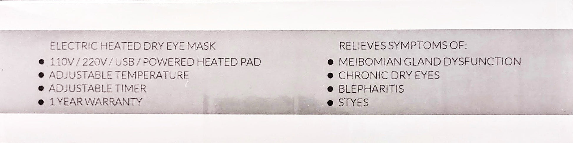 Electric heated dry eye mask packaging with specifications and benefits listed.