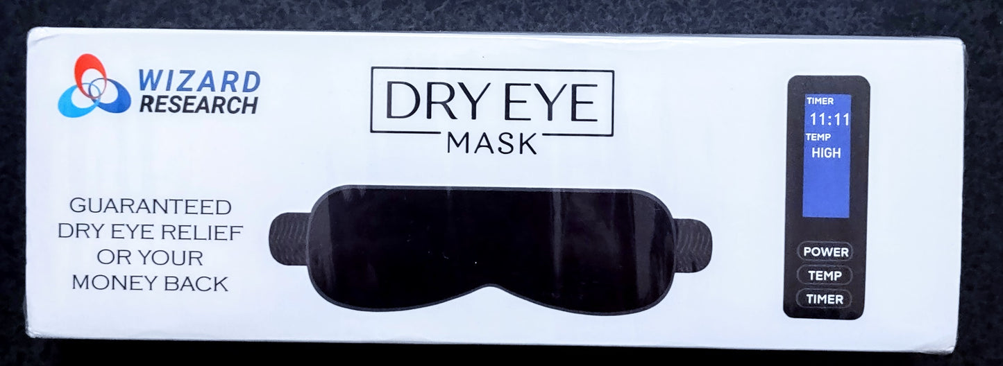 Dry eye mask packaging with Wizard Research branding and control panel on a white background
