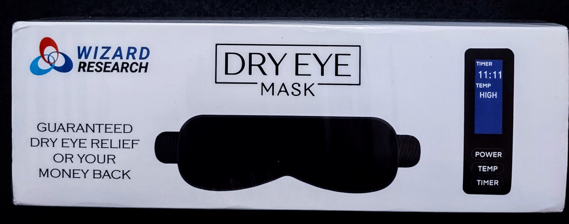 Dry eye mask packaging with Wizard Research branding on a white background