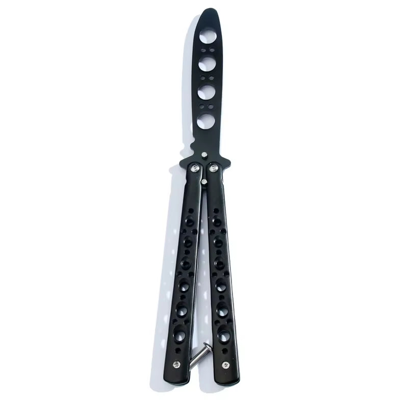 A black butterfly knife trainer with a dull blade and a handle designed for safe practice.
