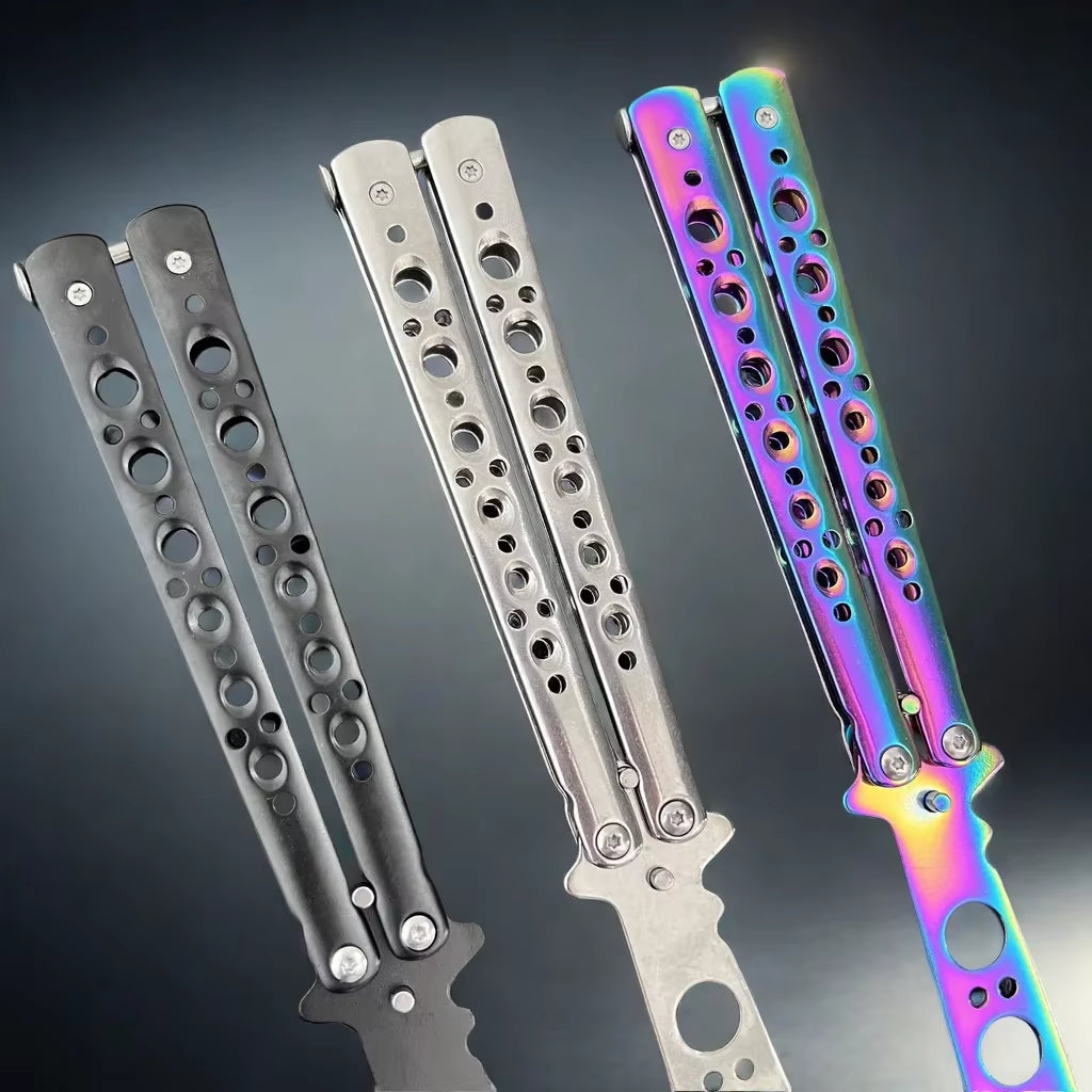 Three butterfly knife trainers with a dull blades and a handle designed for safe practice, featuring closeup of handles.