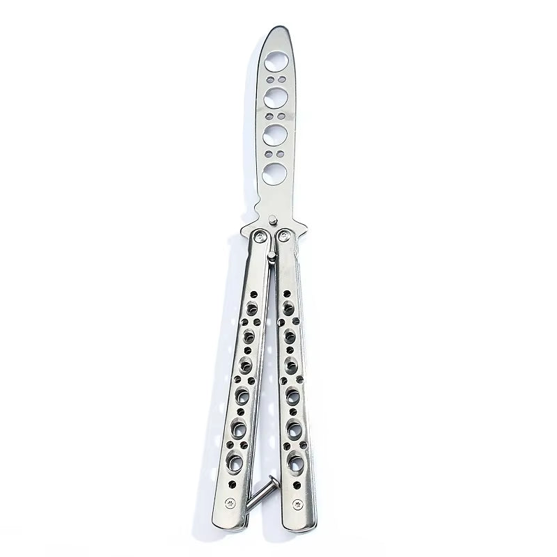 A dull-blade butterfly knife trainer with a silver finish and multiple round openings on the blade.