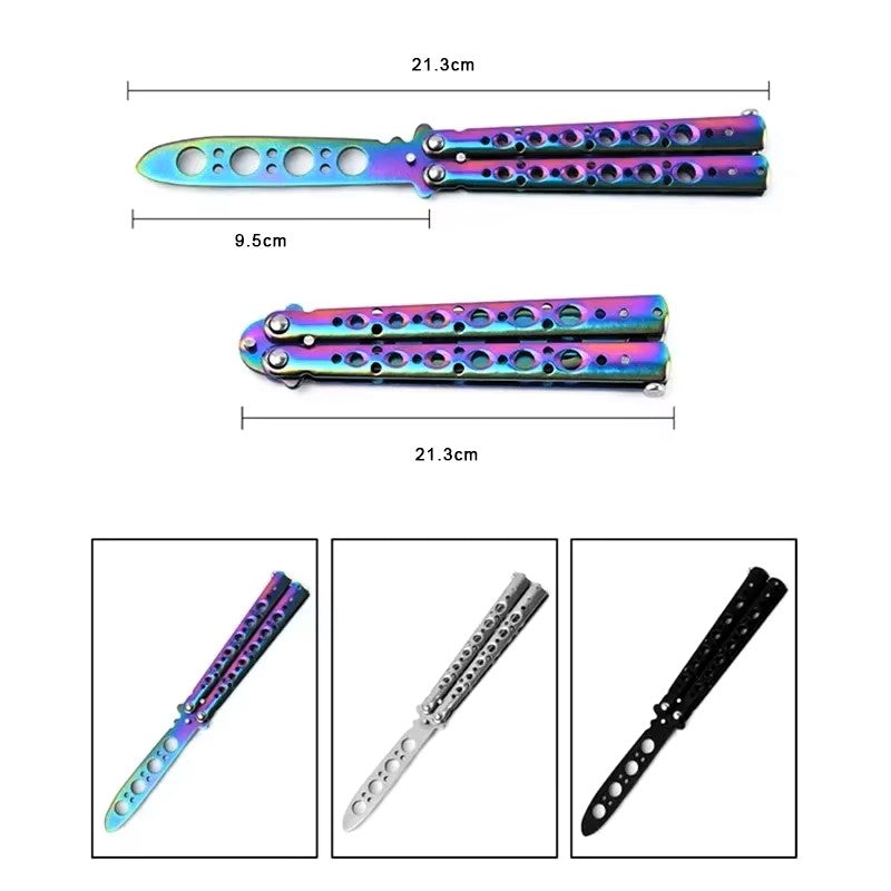 Multicolored butterfly knife with measurements on a white background