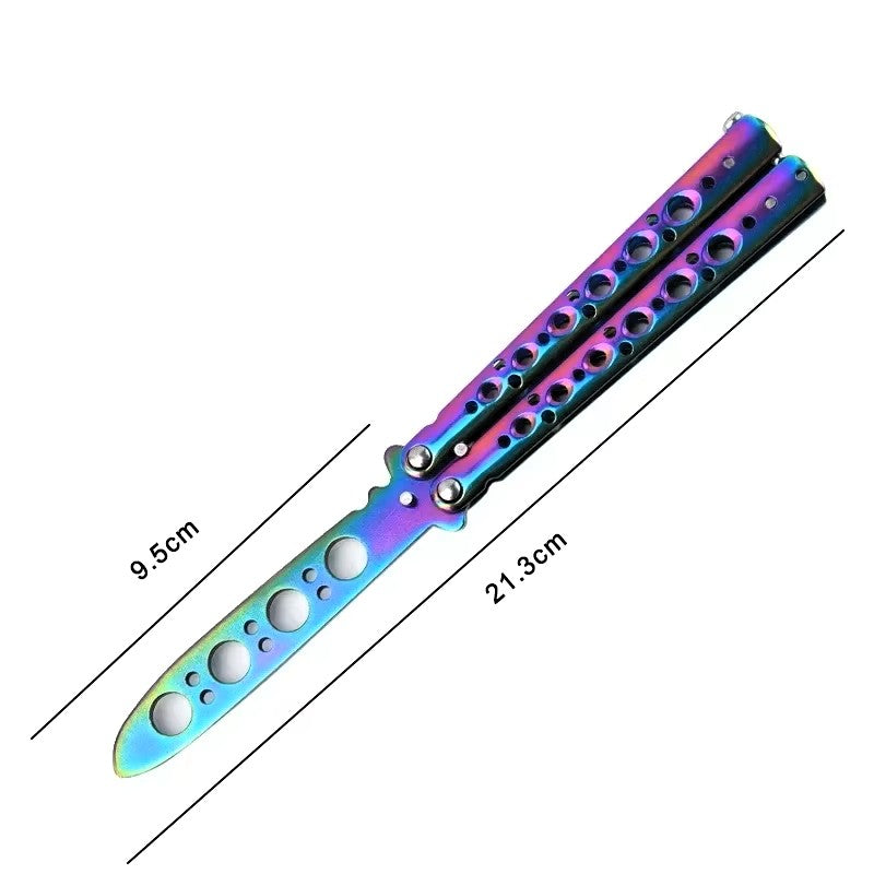 A butterfly-style knife with an iridescent rainbow finish, shown open on a white background with dimension lines and measurements labeled 9.5 cm and 21.