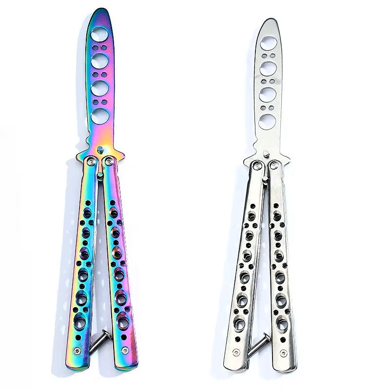 Two butterfly-style folding knives shown side by side on a white background, one with an iridescent rainbow finish and one in matte silver.