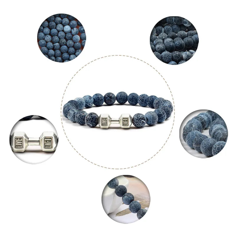 Bracelet with blue beads and silver clasp surrounded by close-up shots of beads and clasp on a white background