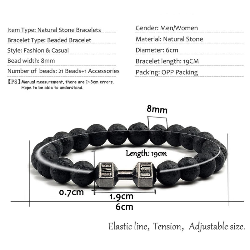 Black beaded bracelet with a metal clasp, shown with measurements on a white background.