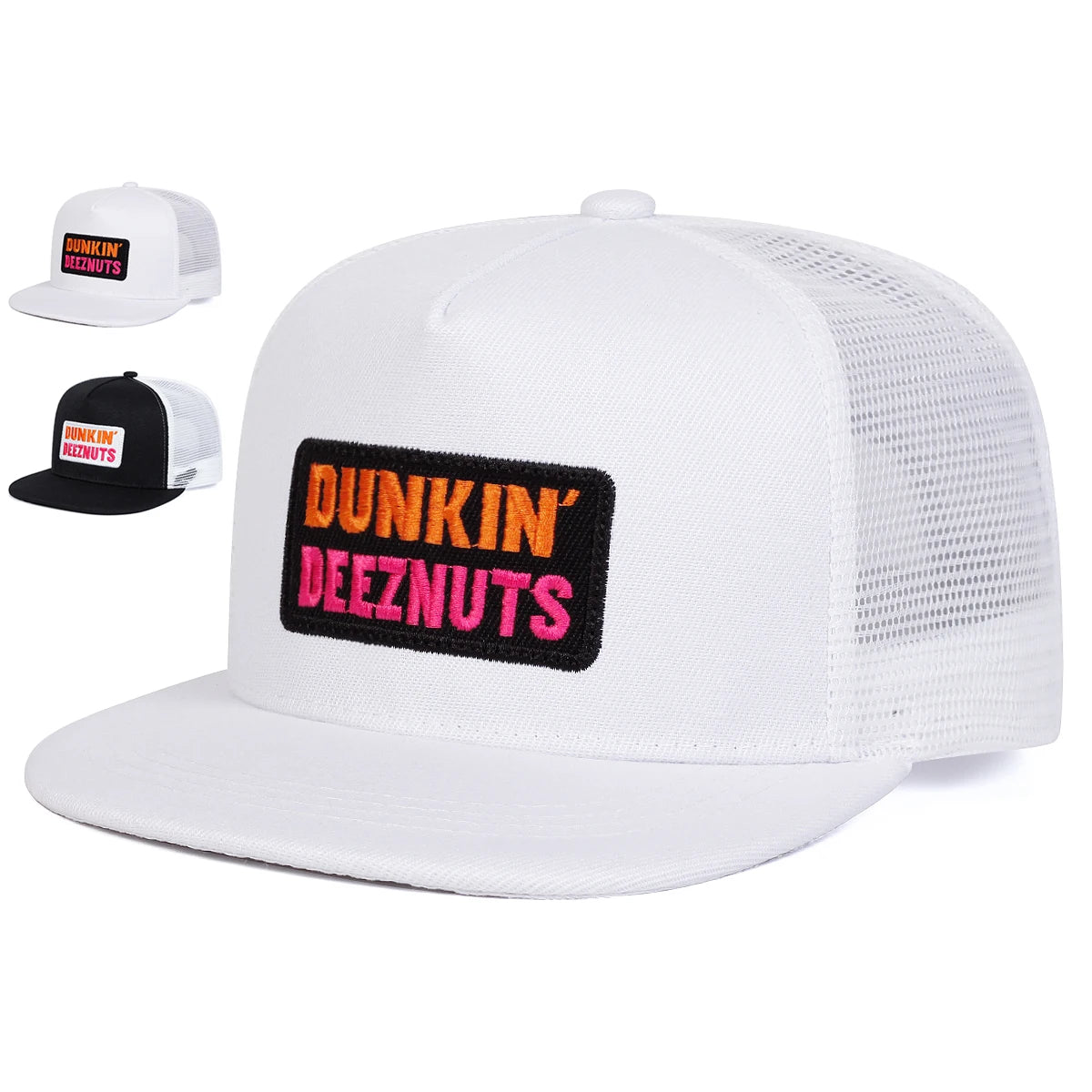 Display of the 'Dunkin' DEEZNUTS Snapback | OSFA Mesh-Back Trucker Cap' featuring all styles and color options at a frontward angled view, showing majority of the hat design.