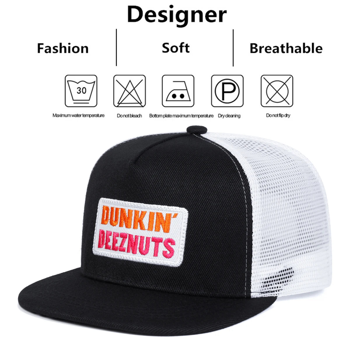 Front angled view logo display of the 'Dunkin' DEEZNUTS Snapback | OSFA Mesh-Back Trucker Cap' in black and white color option at a frontward angled view, showing logo in orange and pink over white patch.