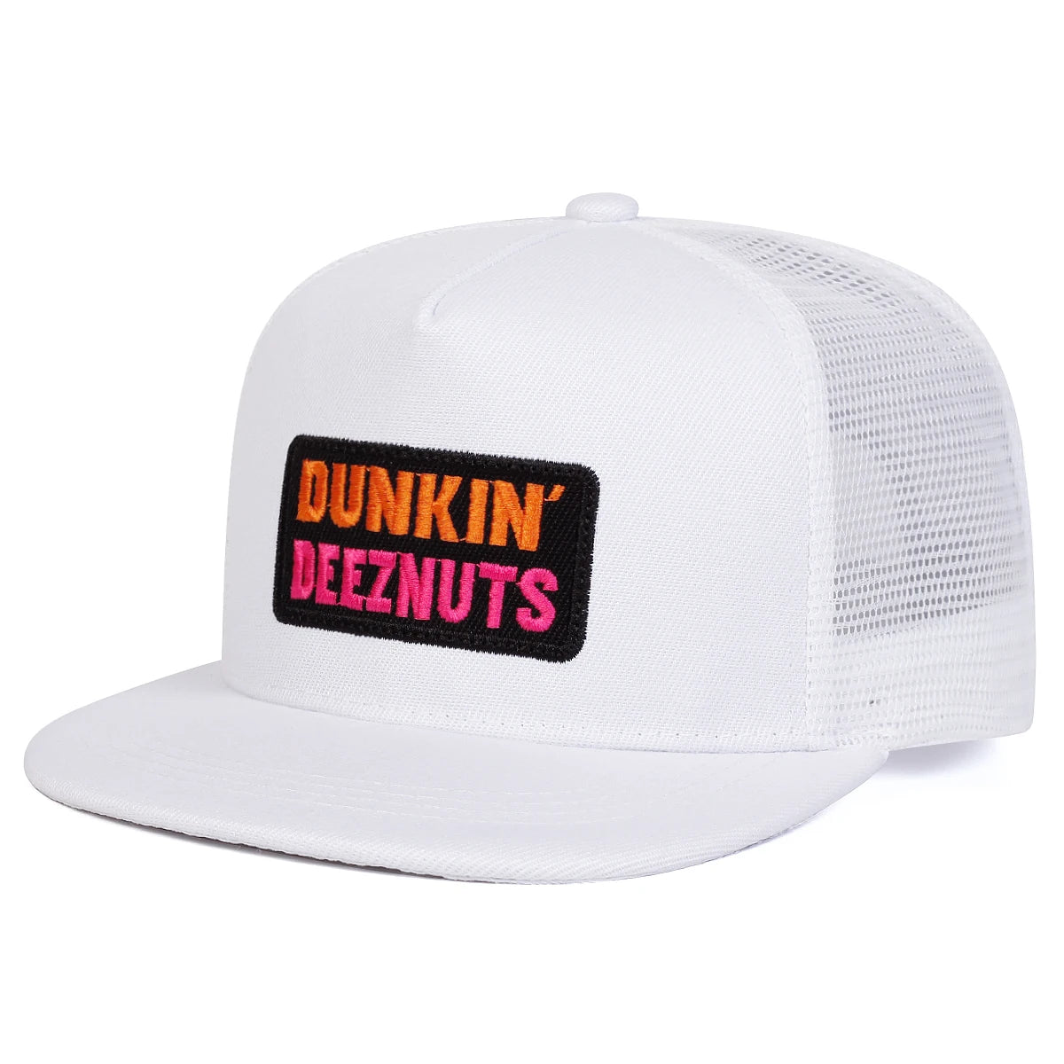 Front angled view logo display of the 'Dunkin' DEEZNUTS Snapback | OSFA Mesh-Back Trucker Cap' in all white color option at a frontward angled view, showing logo in orange and pink over black patch.