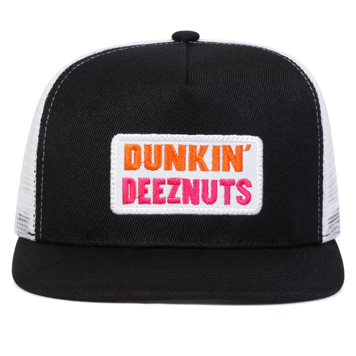 Front logo display of the 'Dunkin' DEEZNUTS Snapback | OSFA Mesh-Back Trucker Cap' in black and white color option at a frontward angled view, showing logo in orange and pink over white patch.