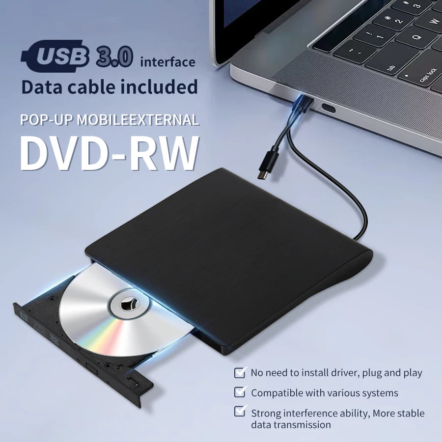 Pop-up mobile external DVD-RW drive connected to a laptop with USB 3.0 interface and data cable included.