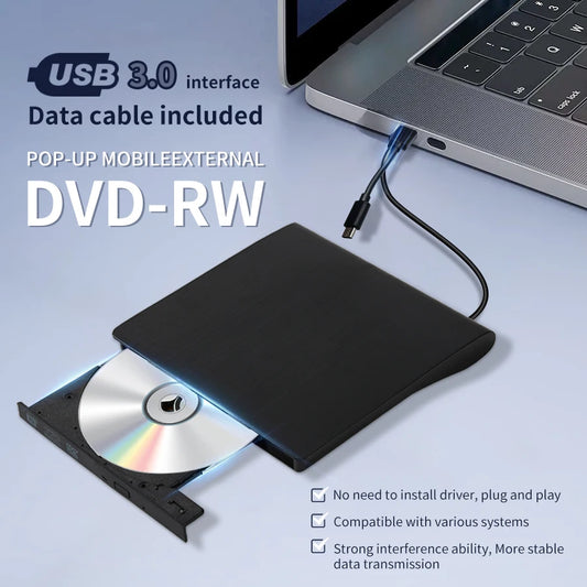 Pop-up mobile external DVD-RW drive connected to a laptop with USB 3.0 interface and data cable included.