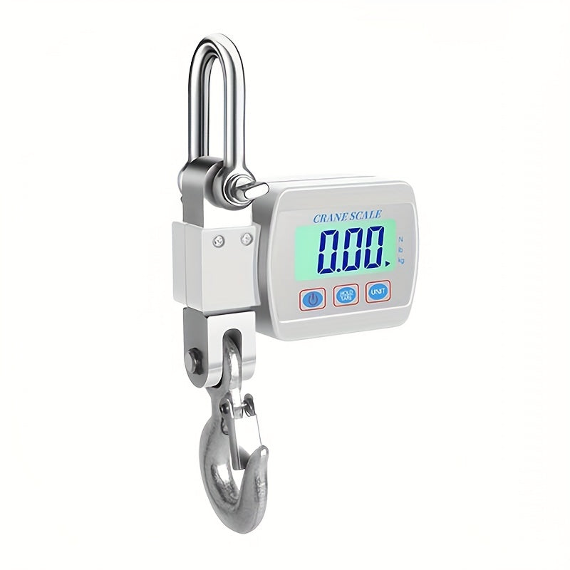 Digital crane scale with metal hooks on a white background